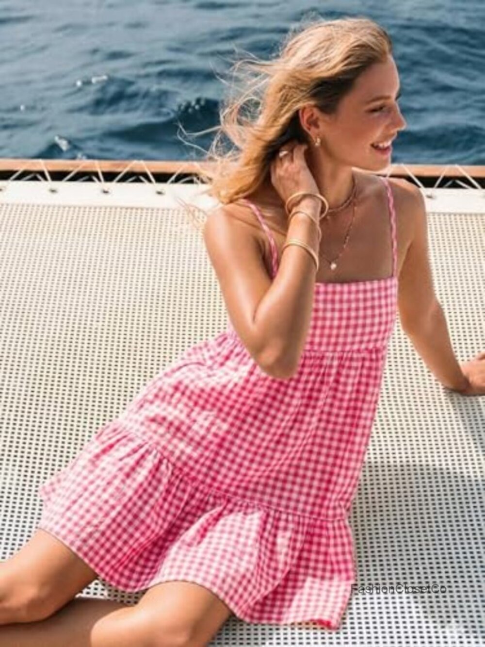 Gingham Mini Dress with Pockets, Spaghetti Strap A-Line Sundress - Picture 3 of 6